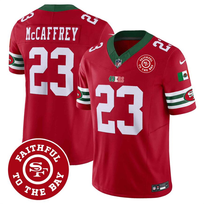 Men's San Francisco 49ers #23 Christian McCaffrey Red F.U.S.E. Mexico Faithful To The Bay Patch Vapor Limited Football Stitched Jersey